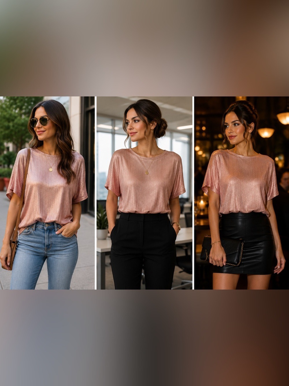 Justfab Rose Gold Metallic Blouse Shimmer Top Dressy Casual Office Large